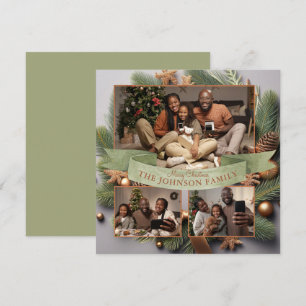 Elegant Modern 3 Photo Family Christmas Evergreen Holiday Card