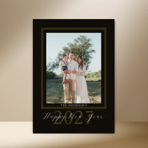 Elegant Modern 4 Photo Collage Black Gold New Year