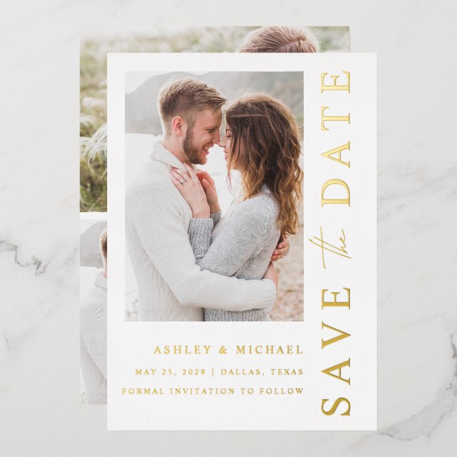 Elegant Modern 4 Photo Wedding Save the Date Gold Foil Invitation (Front/Back)