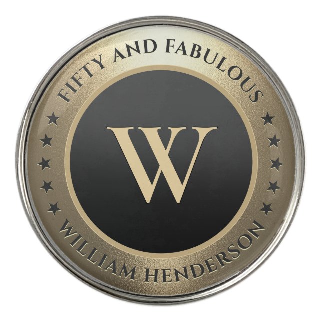 Elegant Modern 50 Birthday Monogram Black Gold  Golf Ball Marker (Front)