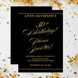 Elegant Modern 50th Birthday Gold Black Invitation