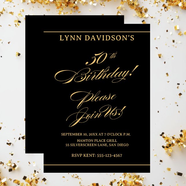 Elegant Modern 50th Birthday Gold Black  Invitation (Elegant Modern 50th Birthday Gold Black Invitation)