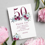 Elegant modern 50th milestone birthday  thank you card<br><div class="desc">Elegant feminine 50 years birthday party name and message personalized thank you card with watercolor red burgundy,  dusty blue roses bouquets,  and a modern trendy typography script.</div>