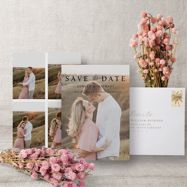  Elegant Modern 5 Photo Simple Script Engagement Save The Date (Easily personalize this wedding save the date with 5 photos and your deets!)