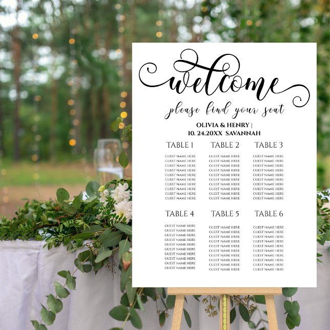 Elegant Modern 6 Table White Wedding Seating Chart Foam Board (Creator Uploaded)