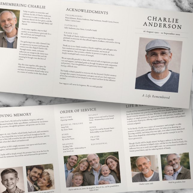 Elegant Modern 7-Photo Celebration of Life Funeral Tri-Fold Program (Creator Uploaded)