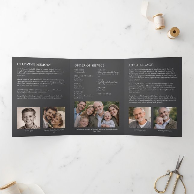 Elegant Modern 7-Photo Celebration of Life Funeral Tri-Fold Program (Inside)