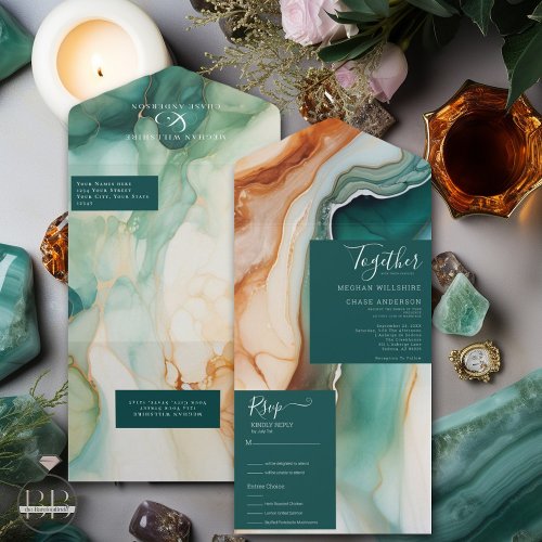 Elegant Modern Abstract Agate Jade Terracotta All In One Invitation