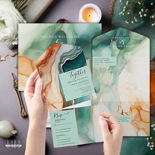 Elegant Modern Abstract Agate  Teal Terracotta All In One Invitation