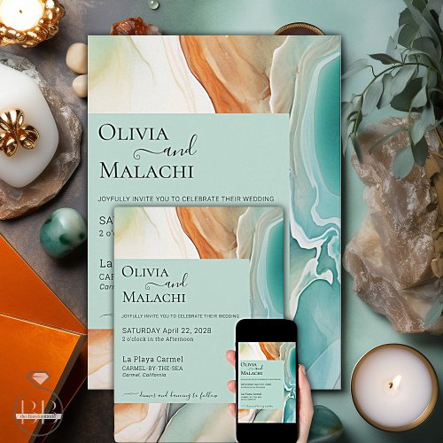 Elegant Modern Abstract Agate Teal Terracotta Invitation