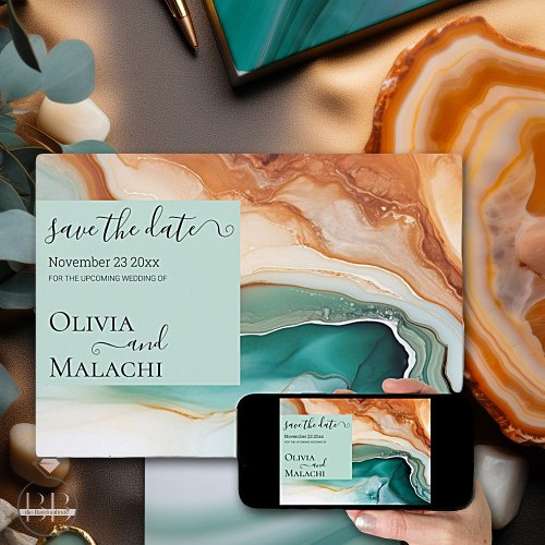 Elegant Modern Abstract Agate Teal Terracotta Invitation