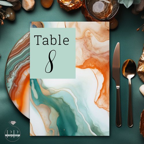 Elegant Modern Abstract Agate  Teal Terracotta Table Number