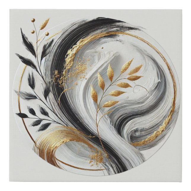 Elegant Modern Abstract-Black White and Gold- Faux Canvas Print (Front)