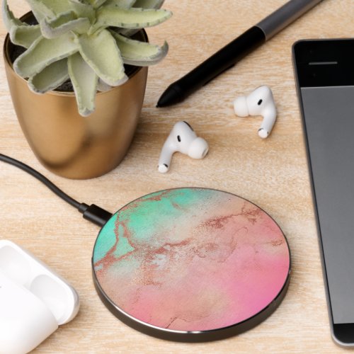 Elegant modern abstract copper rose gold mint pink wireless charger 