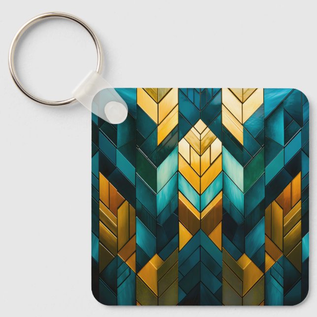 Elegant Modern Abstract Gold Teal Geometric Keychain (Front)