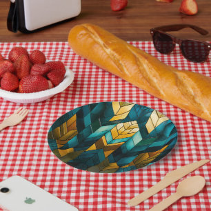 Elegant Modern Abstract Gold Teal Geometric Paper Plates