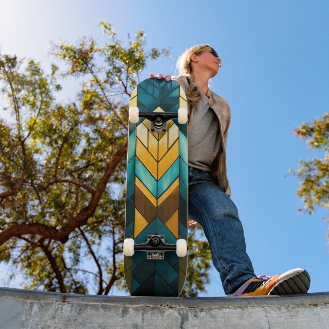 Elegant Modern Abstract Gold Teal Geometric Skateboard (Outdoor 1)