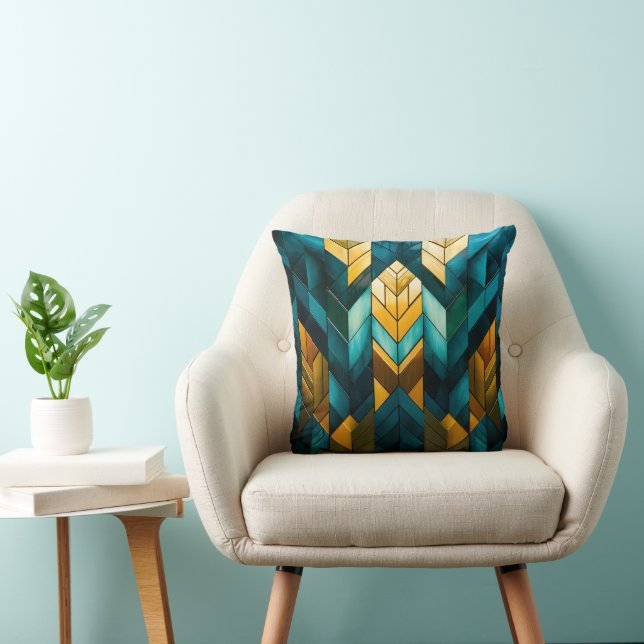 Elegant Modern Abstract Gold Teal Geometric Throw Pillow (Chair)