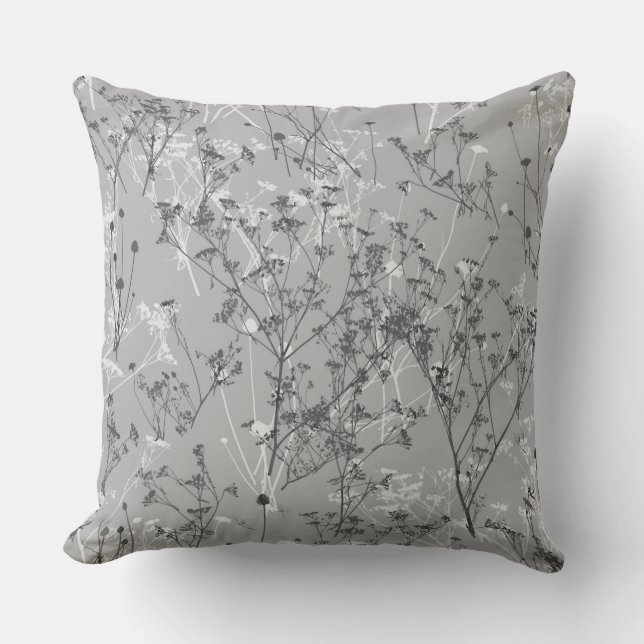 Elegant Modern Abstract Gray White Wildflowers  Throw Pillow (Front)