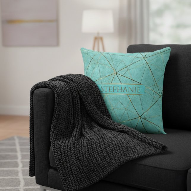 Elegant Modern Abstract Turquoise and Gold Throw Pillow (Creator Uploaded)