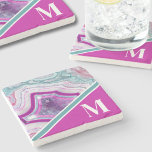 Elegant Modern Agate Initial Monogram Stone Coaster<br><div class="desc">Chic Stylish Turquoise Pink Agate Initial Monogram Stone Coaster.  Crystals and geodes continue to be a favorite trend!  This print features and up close image of a vibrant turquoise and purple (or fuchsia or magenta) geode stone,  complete with little crystals.  Add your initial to make it your own.</div>