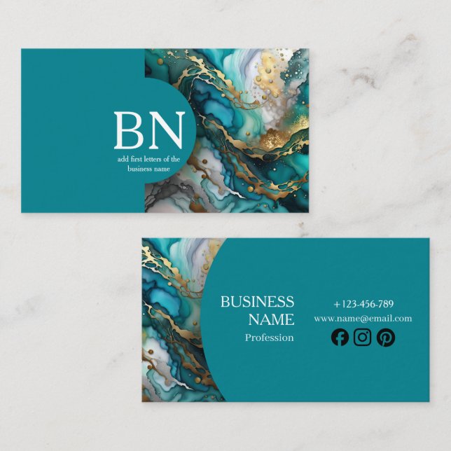 Elegant Modern Agate Marble | Teal & Gold Business Card (Front/Back)
