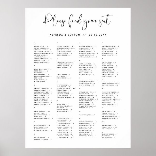 Elegant & Modern Alphabetical seating chart (Front)