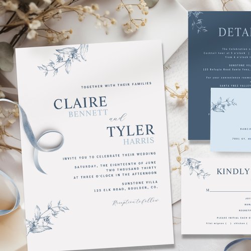 Elegant Modern and Minimal Blue Wedding Invitation