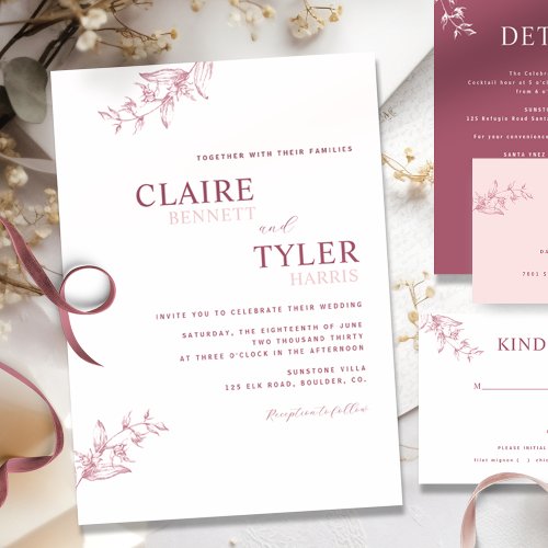 Elegant Modern and Minimal Burgundy Pink Wedding Invitation