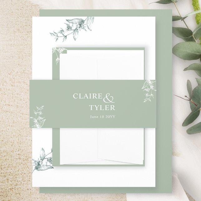 Elegant Modern and Minimal Pale Green Wedding Invitation Belly Band (Creator Uploaded)