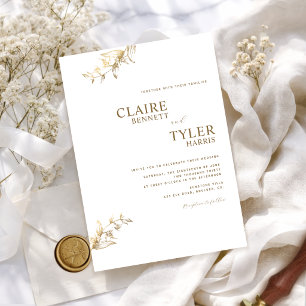Elegant Modern and Minimal White and Gold Wedding Invitation