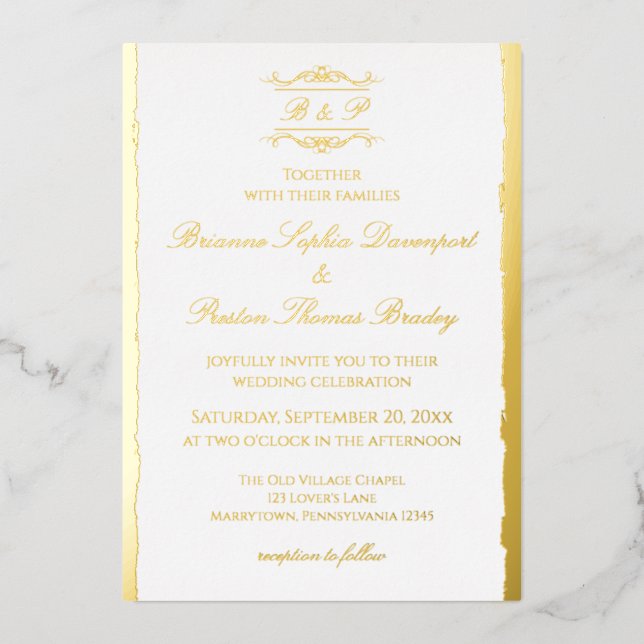 Elegant Modern Antique Monogram Wedding Gold Foil Invitation (Front)
