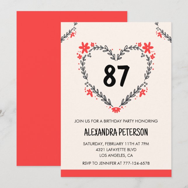 Elegant Modern Any age Floral Heart 87th birthday Invitation (Front/Back)