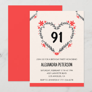 Elegant Modern Any age Floral Heart 91st birthday Invitation