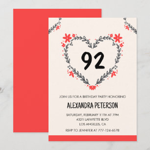 Elegant Modern Any age Floral Heart 92nd birthday Invitation