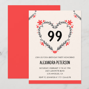 Elegant Modern Any age Floral Heart 99th birthday Invitation