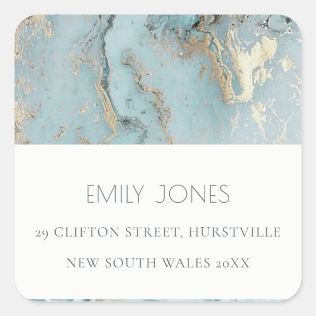 ELEGANT MODERN AQUA DUSKY BLUE GOLD AGATE ADDRESS SQUARE STICKER (Front)