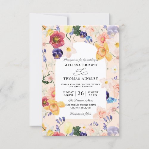 Elegant Modern Arch Bloom Budget QR Code Wedding Invitation