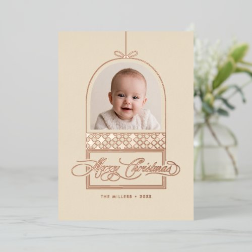 Elegant Modern Arch Bow Ornament Christmas Photo Foil Holiday Card