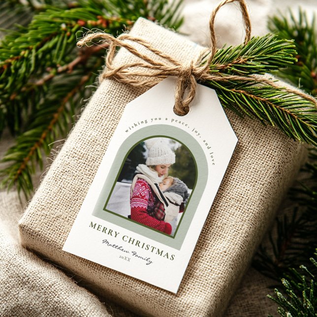 Elegant Modern Arch Family Photo Christmas Gift Tags (Creator Uploaded)