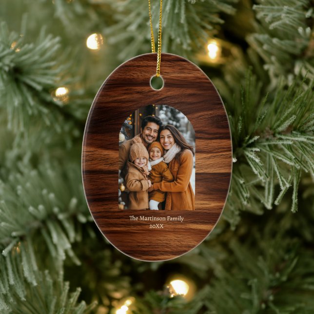 Elegant Modern Arch Photo Personalized Woodgrain  Ceramic Ornament (Tree)