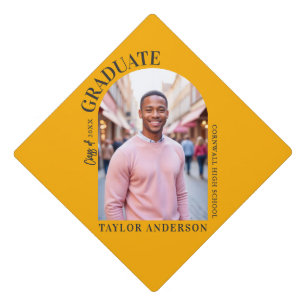 Elegant Modern Arch Photo Yellow Gray Graduation Cap Topper