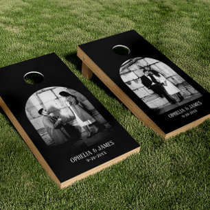 Elegant Modern Arch Photos Black & White Wedding Cornhole Set