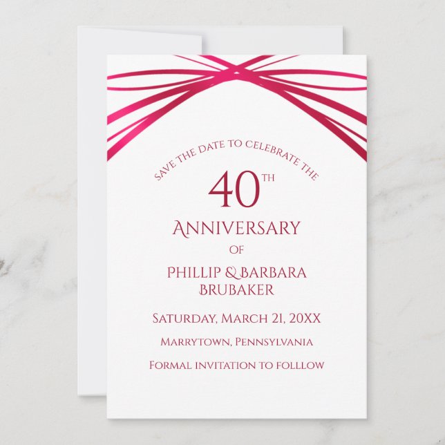 Elegant Modern Arch Ruby 40th Anniversary Party Save The Date (Front)