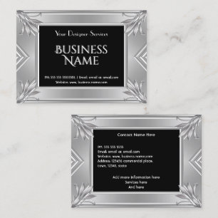Elegant Modern Art Deco Black Faux Silver Chrome Business Card
