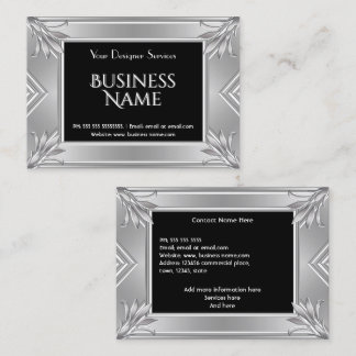 Elegant Modern Art Deco Black Faux Silver Chrome Business Card