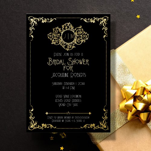 Elegant Modern Art Deco Black Gold Bridal Shower F Foil Invitation