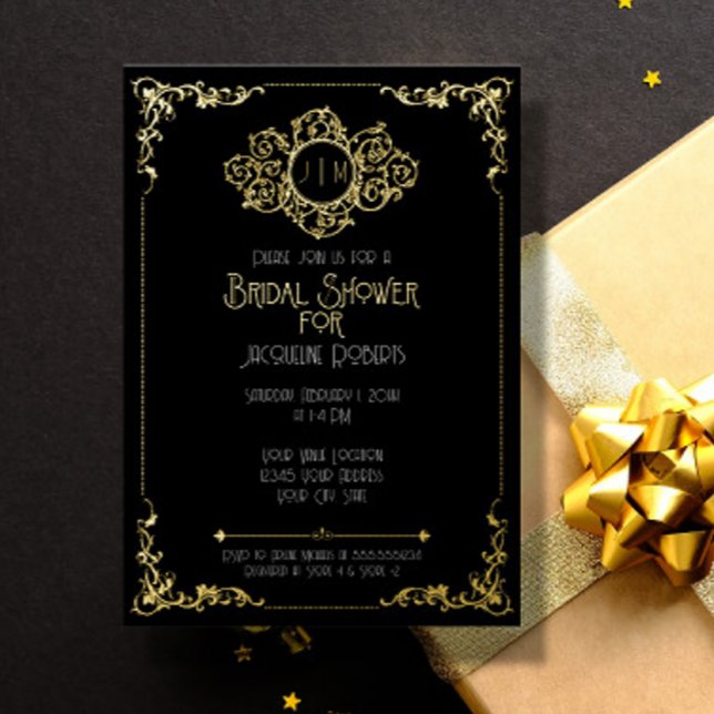 Elegant Modern Art Deco Black Gold Bridal Shower F Foil Invitation (Creator Uploaded)