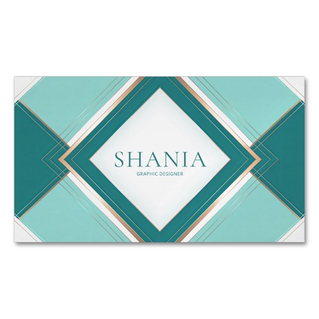 Elegant Modern Art Deco Geometric Teal Gold Business Card Magnet (Front)