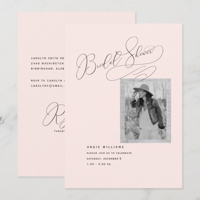 Elegant & Modern B/W Photo Blush Bridal Shower Invitation (Front/Back)
